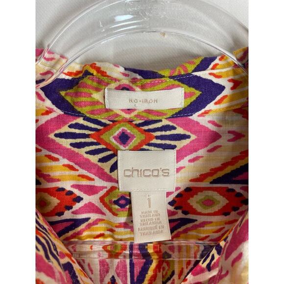 Chico's 100% Linen Colorful Printed Aztec No Iron Button Down Top Size 1 US M - Picture 2 of 4